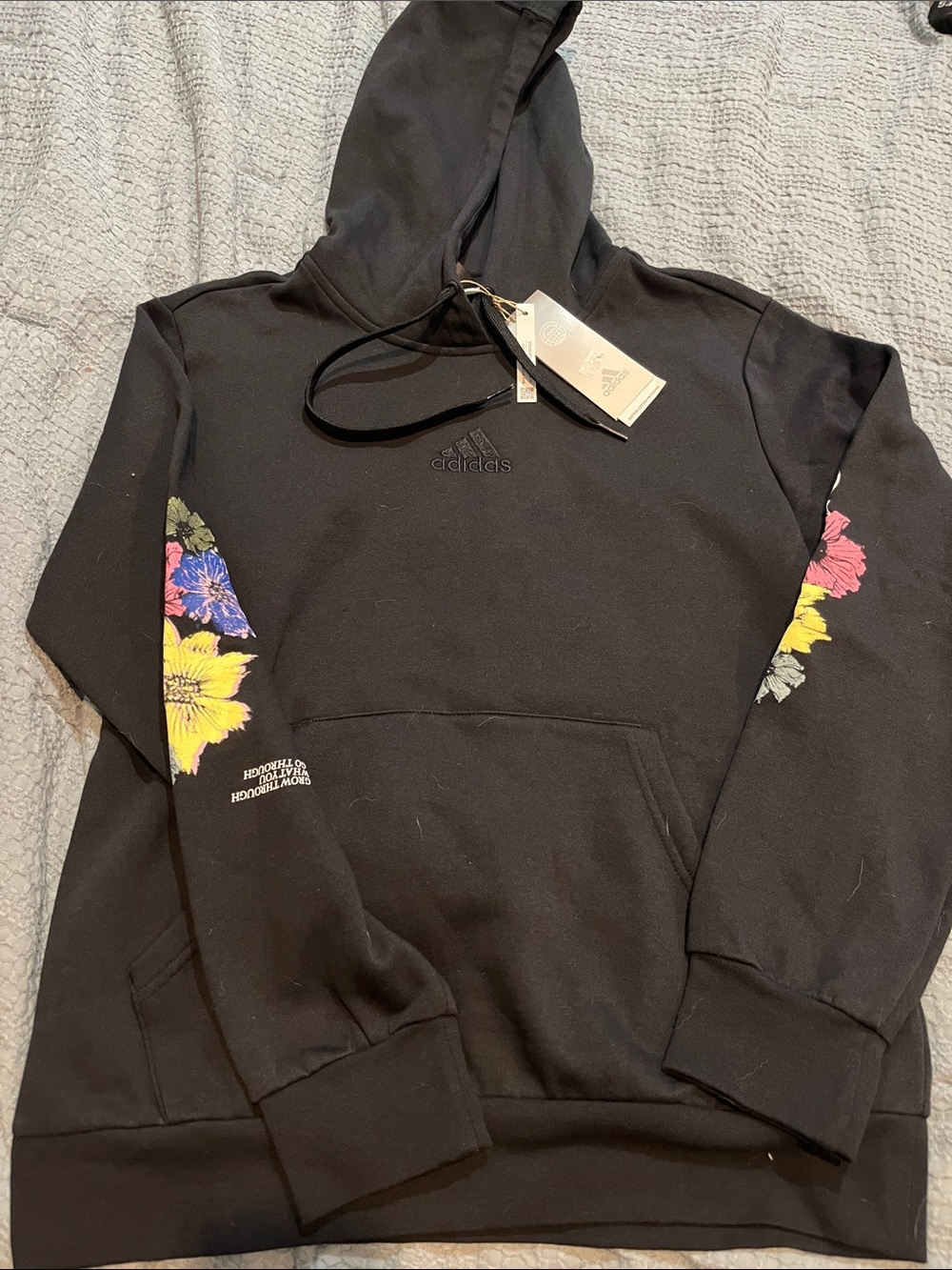 adidas Black Hoodie with Multicolor Floral Sleeves